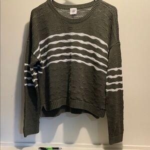 CAbi Olive and White Striped Crew Neck Sweater